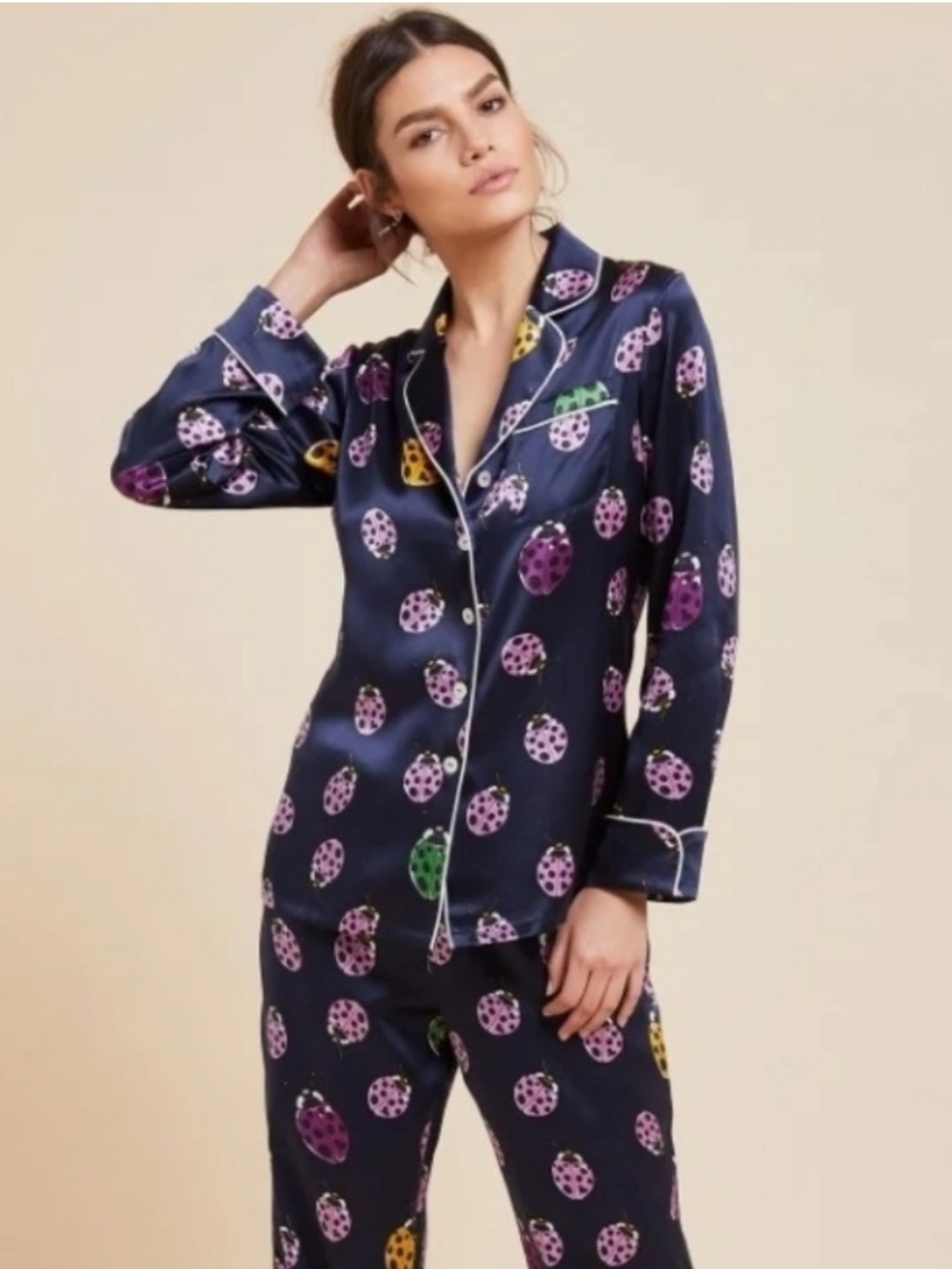 Olivia Von Halle Ladybug Silk Pajama Top Size M (2)